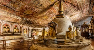 Ancient interior of Dambulla Cave Temple in Sri Lanka