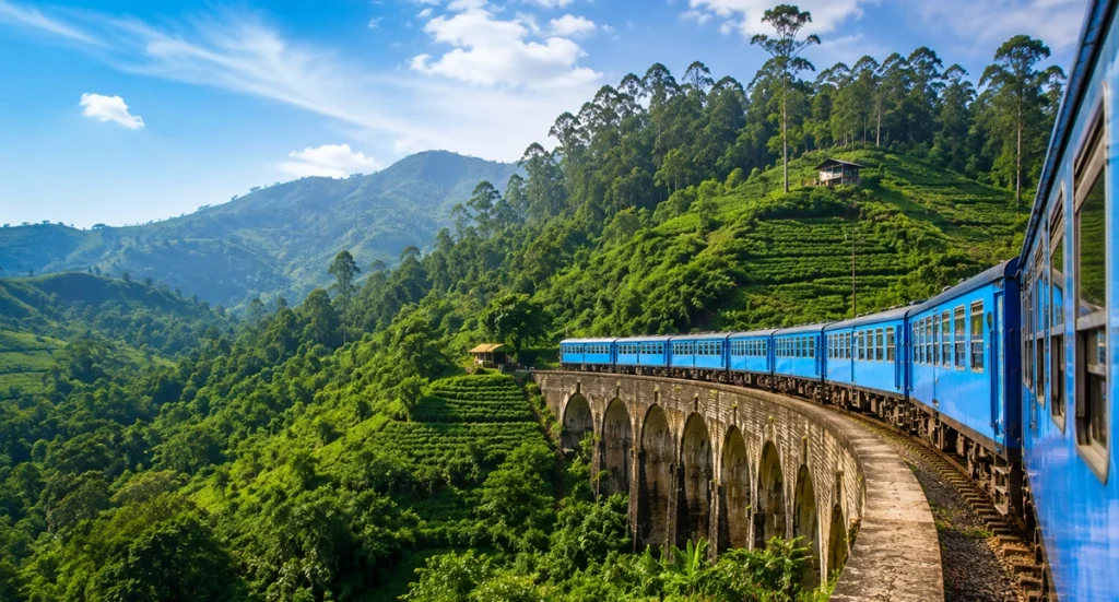 Blue train crossing a scenic railway bridge through Sri Lanka hill country near Ella