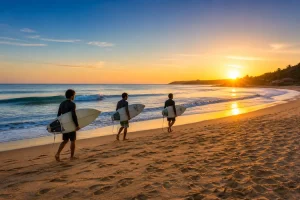 Surfers walking on Arugam Bay beach at sunset with surfboards Sri Lanka east coast