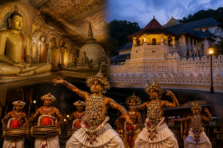 Dambulla Cave Temple Temple of the Tooth and Kandyan cultural dance show in Sri Lanka