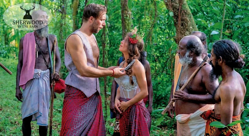 Couple participating in an indigenous tribal forest wedding ceremony in Sri Lanka