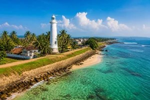 Galle Dutch Fort lighthouse and coastal view with turquoise ocean in southern Sri Lanka