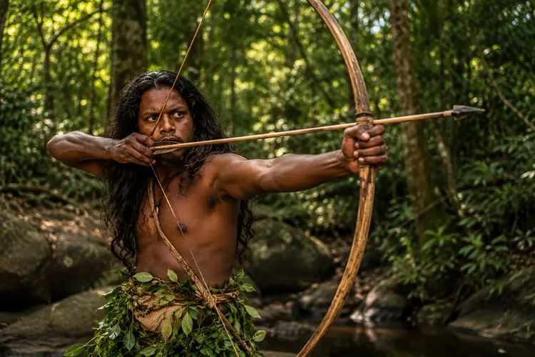 Traditional Vedda archer in a forest demonstrating indigenous hunting heritage in Sri Lanka
