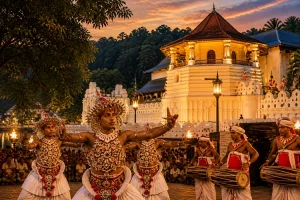 Traditional Kandyan dancers performing near the Temple of the Sacred Tooth Relic in Kandy, Sri Lanka