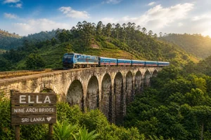 Ella Sri Lanka hill country landscape with tea plantations and mountains