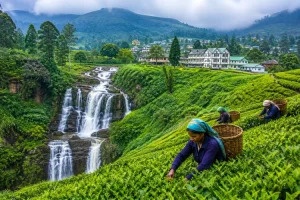 Tea plantations and waterfall landscape in Nuwara Eliya Sri Lanka with misty mountains