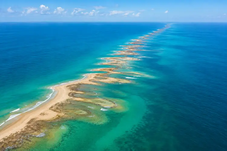 Aerial view of Ram Setu (Adam's Bridge), the legendary chain of limestone shoals believed to have been built by Lord Rama's army to reach Lanka
