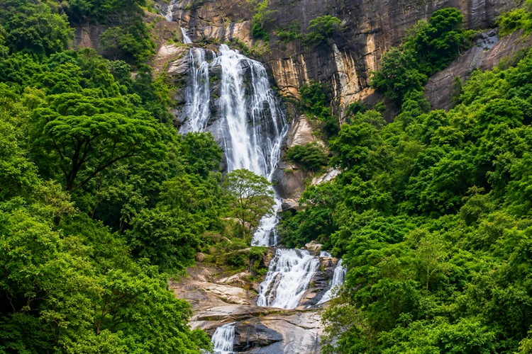 Ravana Falls near Ella Sri Lanka, spectacular waterfall associated with King Ravana and the Ramayana legend
