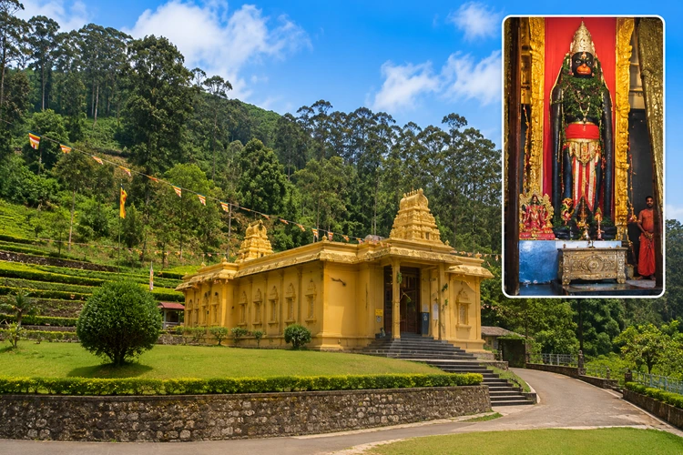 Sri Bhakta Hanuman Temple in Ramboda Sri Lanka with Hanuman idol and tea-covered hills, sacred Ramayana pilgrimage site