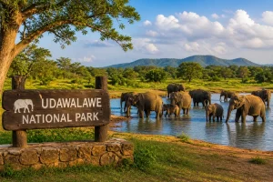 Wild elephants during a safari in Udawalawe National Park Sri Lanka