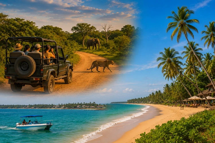 Yala safari jeep and tropical Bentota beach in southern Sri Lanka